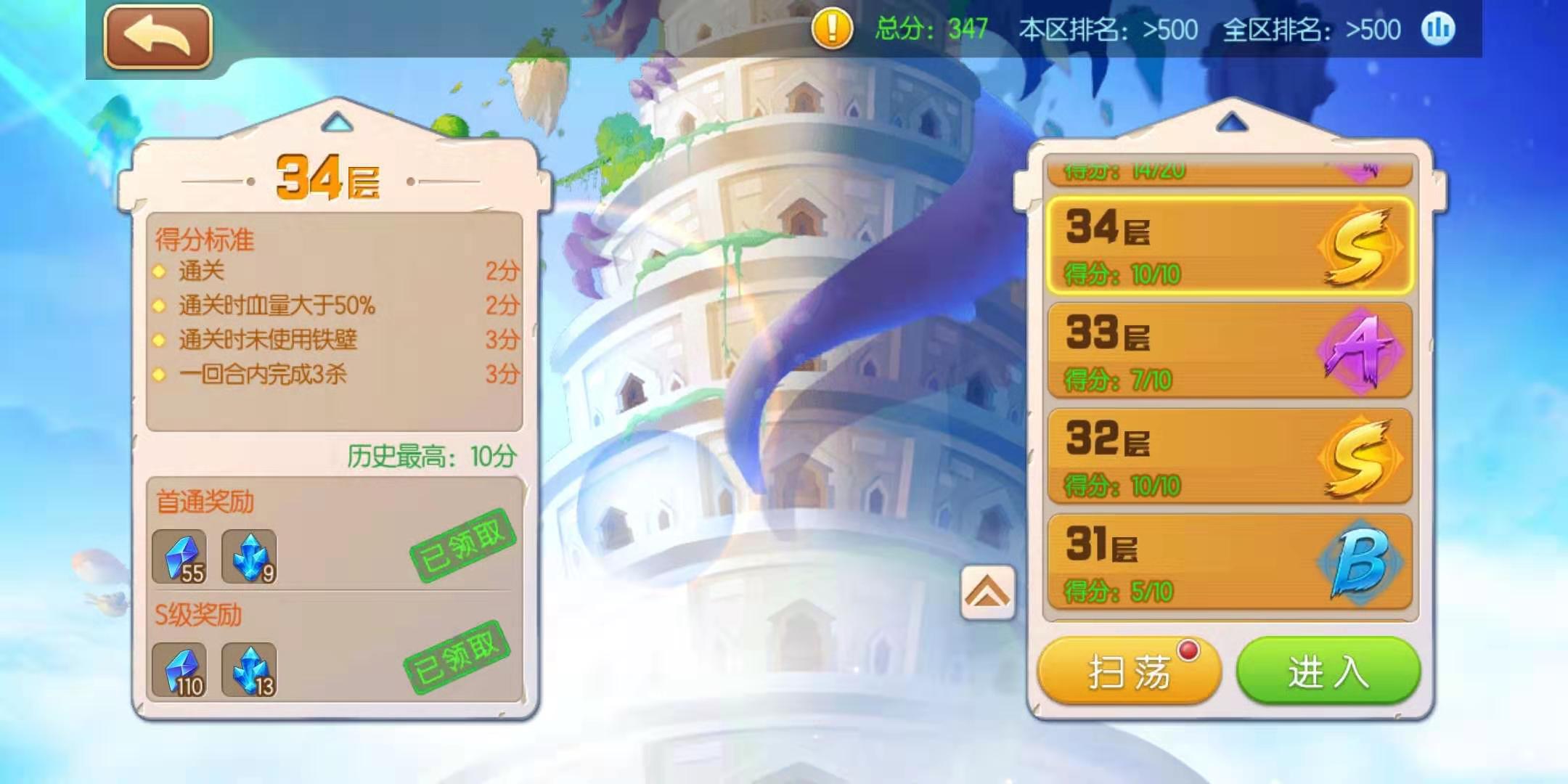 弹弹堂手游34层塔怎么过比较高效 教你轻松打出S级评分截图